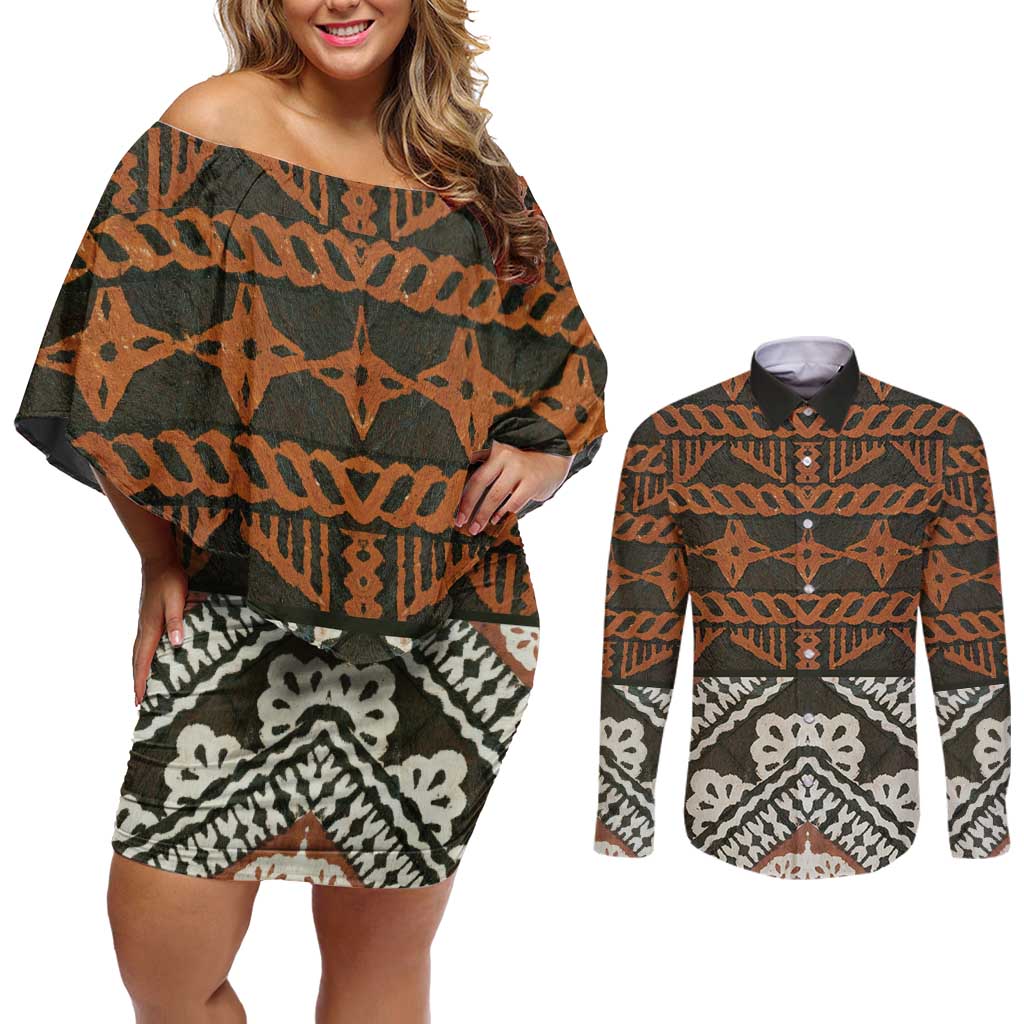 Bula Fiji Tapa Couples Matching Off Shoulder Short Dress and Long Sleeve Button Shirt Fijian Masi Vintage Vibes - Polynesian Pride