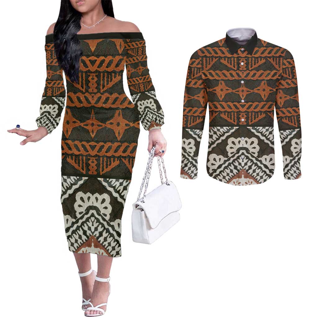 Bula Fiji Tapa Couples Matching Off The Shoulder Long Sleeve Dress and Long Sleeve Button Shirt Fijian Masi Vintage Vibes LT14 Brown - Polynesian Pride