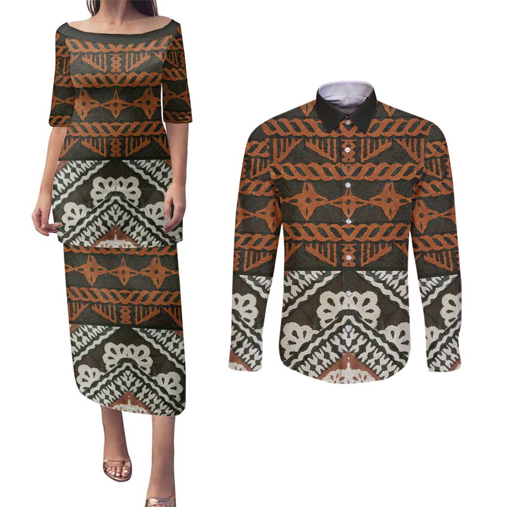 Bula Fiji Tapa Couples Matching Puletasi and Long Sleeve Button Shirt Fijian Masi Vintage Vibes - Polynesian Pride