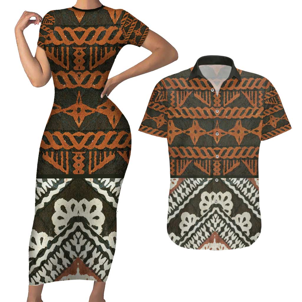 Bula Fiji Tapa Couples Matching Short Sleeve Bodycon Dress and Hawaiian Shirt Fijian Masi Vintage Vibes LT14 Brown - Polynesian Pride
