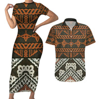 Bula Fiji Tapa Couples Matching Short Sleeve Bodycon Dress and Hawaiian Shirt Fijian Masi Vintage Vibes LT14 Brown - Polynesian Pride