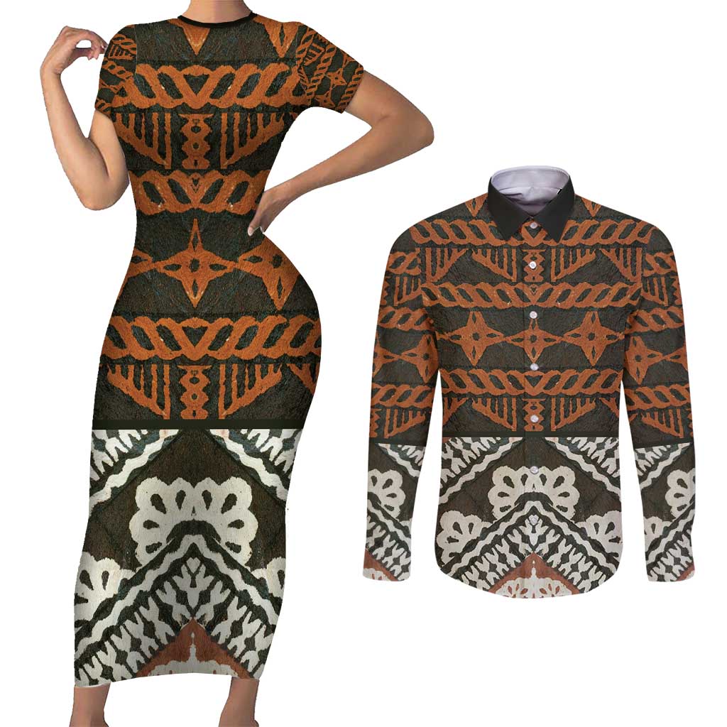 Bula Fiji Tapa Couples Matching Short Sleeve Bodycon Dress and Long Sleeve Button Shirt Fijian Masi Vintage Vibes LT14 Brown - Polynesian Pride