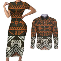 Bula Fiji Tapa Couples Matching Short Sleeve Bodycon Dress and Long Sleeve Button Shirt Fijian Masi Vintage Vibes LT14 Brown - Polynesian Pride