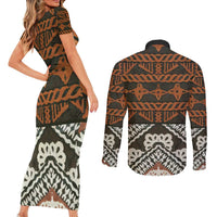 Bula Fiji Tapa Couples Matching Short Sleeve Bodycon Dress and Long Sleeve Button Shirt Fijian Masi Vintage Vibes LT14 - Polynesian Pride