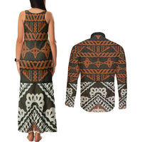Bula Fiji Tapa Couples Matching Tank Maxi Dress and Long Sleeve Button Shirt Fijian Masi Vintage Vibes LT14 - Polynesian Pride