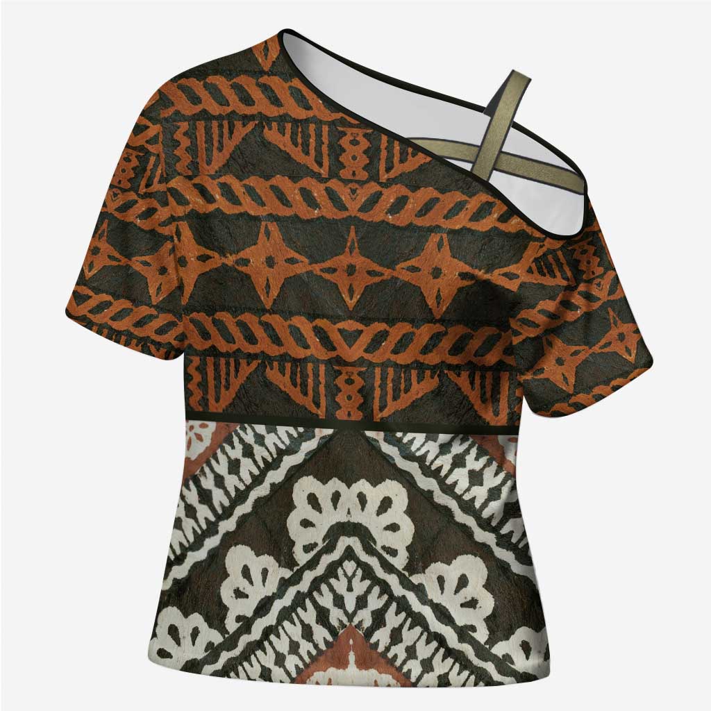 Bula Fiji Tapa Cross Shoulder Shirt Fijian Masi Vintage Vibes LT14 Female Brown - Polynesian Pride