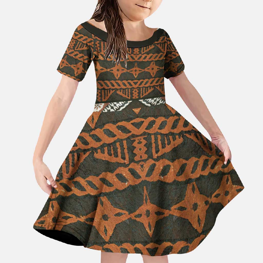 Bula Fiji Tapa Family Matching Long Sleeve Bodycon Dress and Hawaiian Shirt Fijian Masi Vintage Vibes LT14 Daughter's Dress Brown - Polynesian Pride
