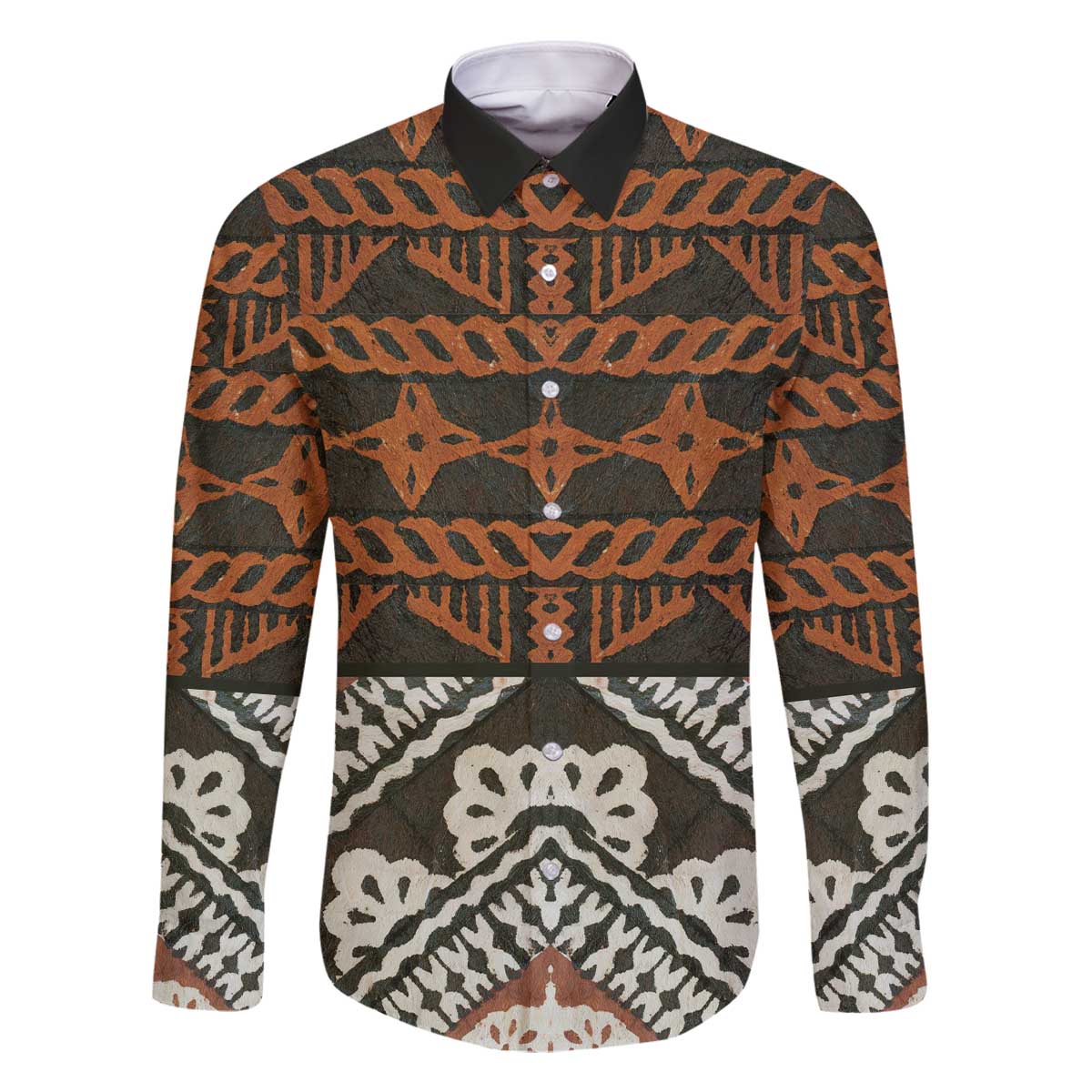 Bula Fiji Tapa Family Matching Off The Shoulder Long Sleeve Dress and Hawaiian Shirt Fijian Masi Vintage Vibes LT14 Dad's Shirt - Long Sleeve Brown - Polynesian Pride