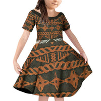 Bula Fiji Tapa Family Matching Off Shoulder Short Dress and Hawaiian Shirt Fijian Masi Vintage Vibes LT14 Daughter's Dress Brown - Polynesian Pride