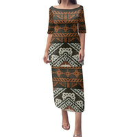 Bula Fiji Tapa Family Matching Puletasi and Hawaiian Shirt Fijian Masi Vintage Vibes LT14 Mom's Dress Brown - Polynesian Pride