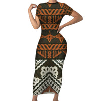 Bula Fiji Tapa Family Matching Short Sleeve Bodycon Dress and Hawaiian Shirt Fijian Masi Vintage Vibes LT14 Mom's Dress Brown - Polynesian Pride