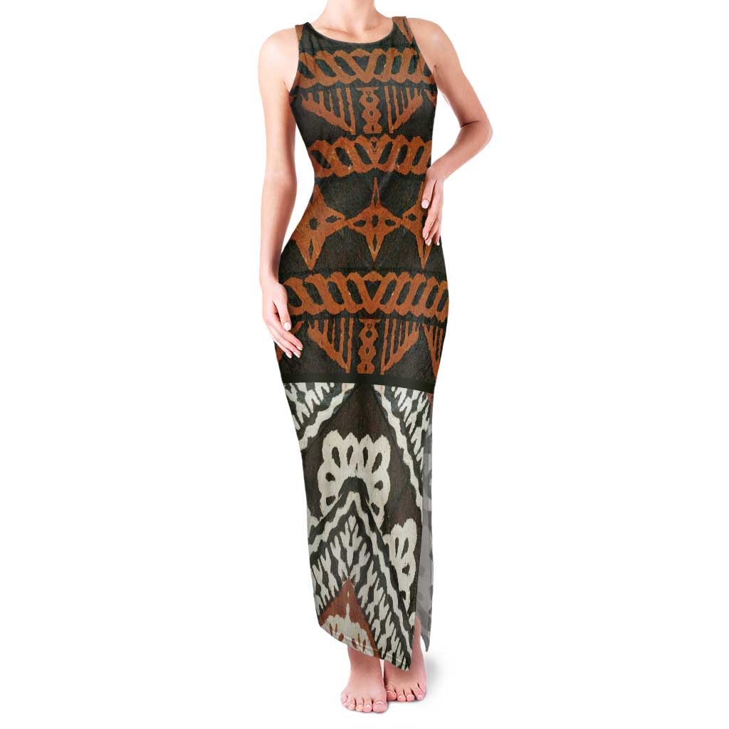 Bula Fiji Tapa Family Matching Tank Maxi Dress and Hawaiian Shirt Fijian Masi Vintage Vibes LT14 Mom's Dress Brown - Polynesian Pride
