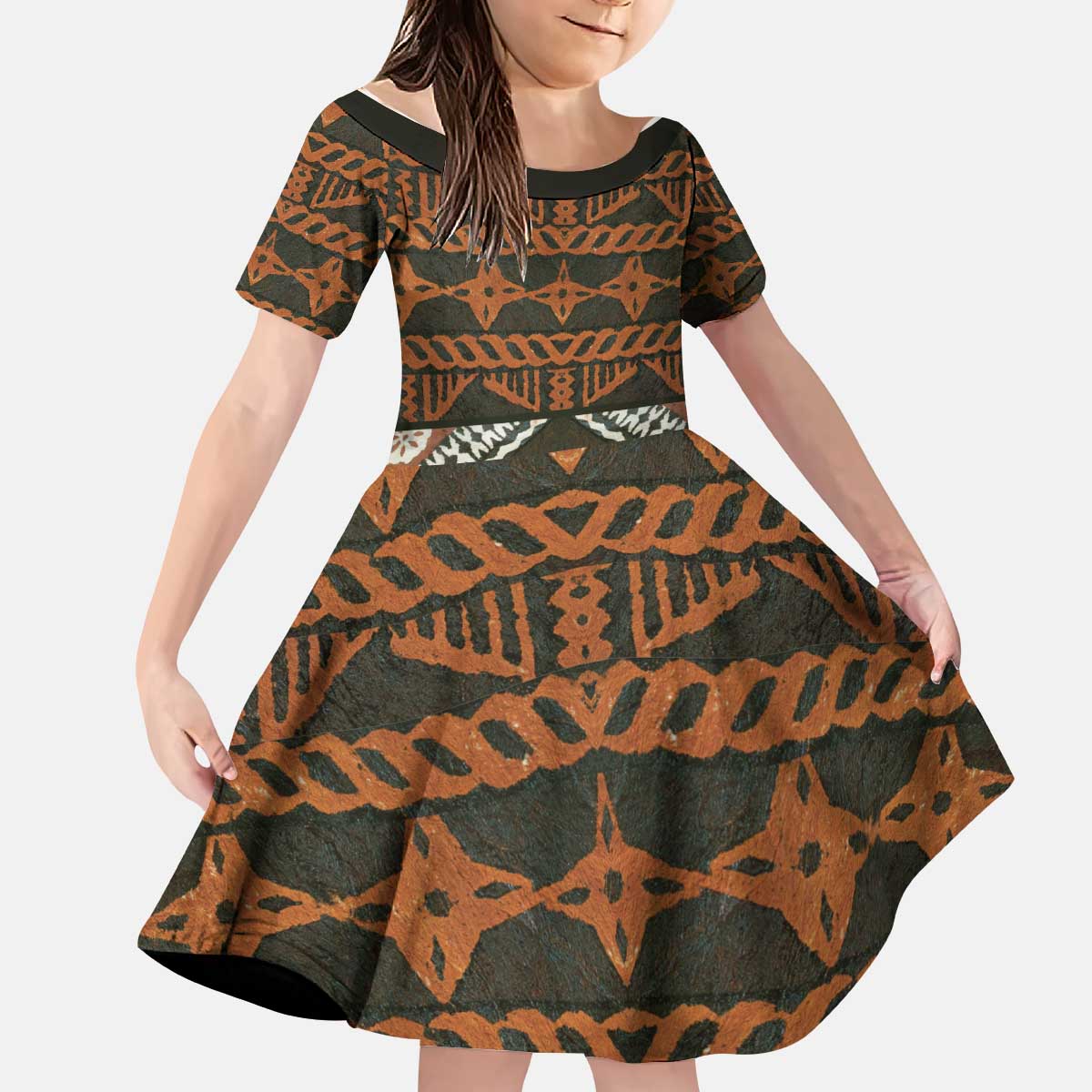 Bula Fiji Tapa Kid Short Sleeve Dress Fijian Masi Vintage Vibes LT14 KID Brown - Polynesian Pride