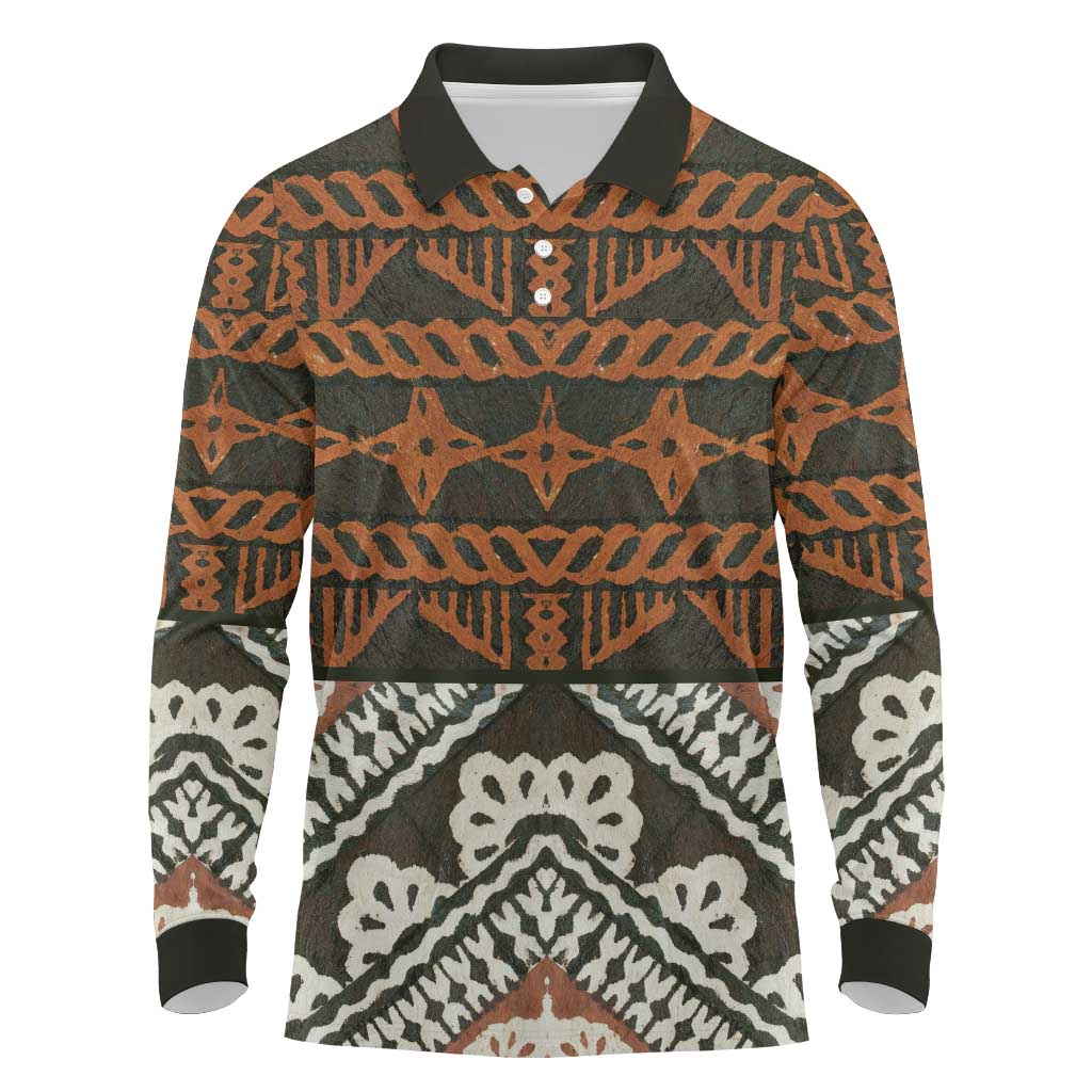 Bula Fiji Tapa Long Sleeve Polo Shirt Fijian Masi Vintage Vibes LT14 Brown - Polynesian Pride
