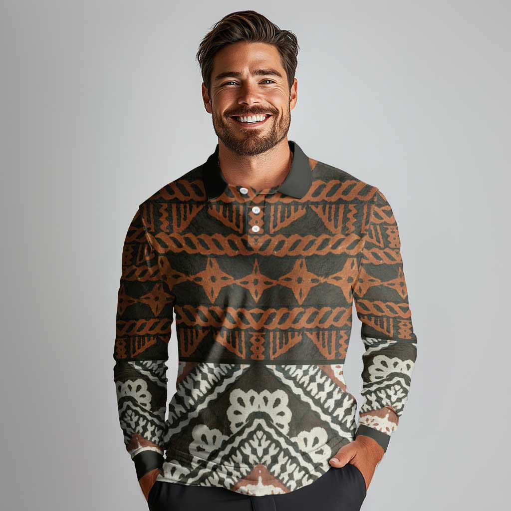 Bula Fiji Tapa Long Sleeve Polo Shirt Fijian Masi Vintage Vibes LT14 - Polynesian Pride