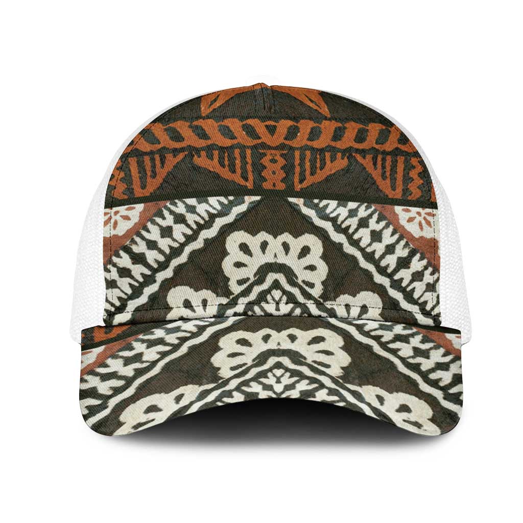 Bula Fiji Tapa Mesh Trucker Cap Fijian Masi Vintage Vibes LT14 One Size White Brown - Polynesian Pride