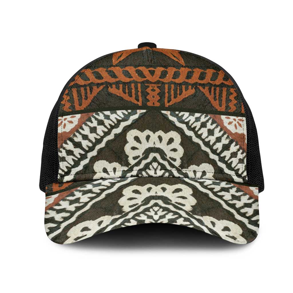 Bula Fiji Tapa Mesh Trucker Cap Fijian Masi Vintage Vibes LT14 One Size Black Brown - Polynesian Pride