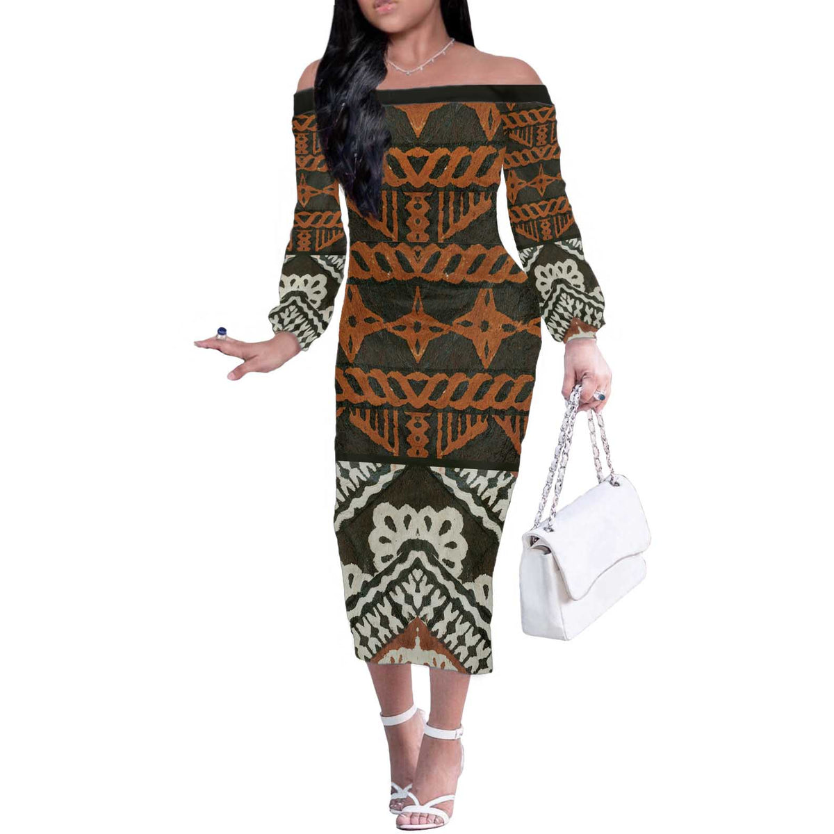 Bula Fiji Tapa Off The Shoulder Long Sleeve Dress Fijian Masi Vintage Vibes LT14 Women Brown - Polynesian Pride