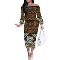 Bula Fiji Tapa Off The Shoulder Long Sleeve Dress Fijian Masi Vintage Vibes LT14 Women Brown - Polynesian Pride