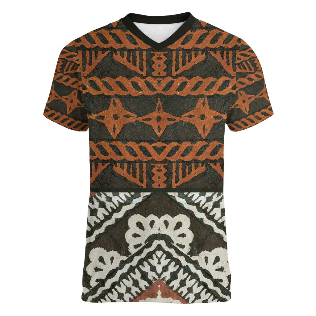 Bula Fiji Tapa Women V-Neck T-Shirt Fijian Masi Vintage Vibes LT14 Female Brown - Polynesian Pride