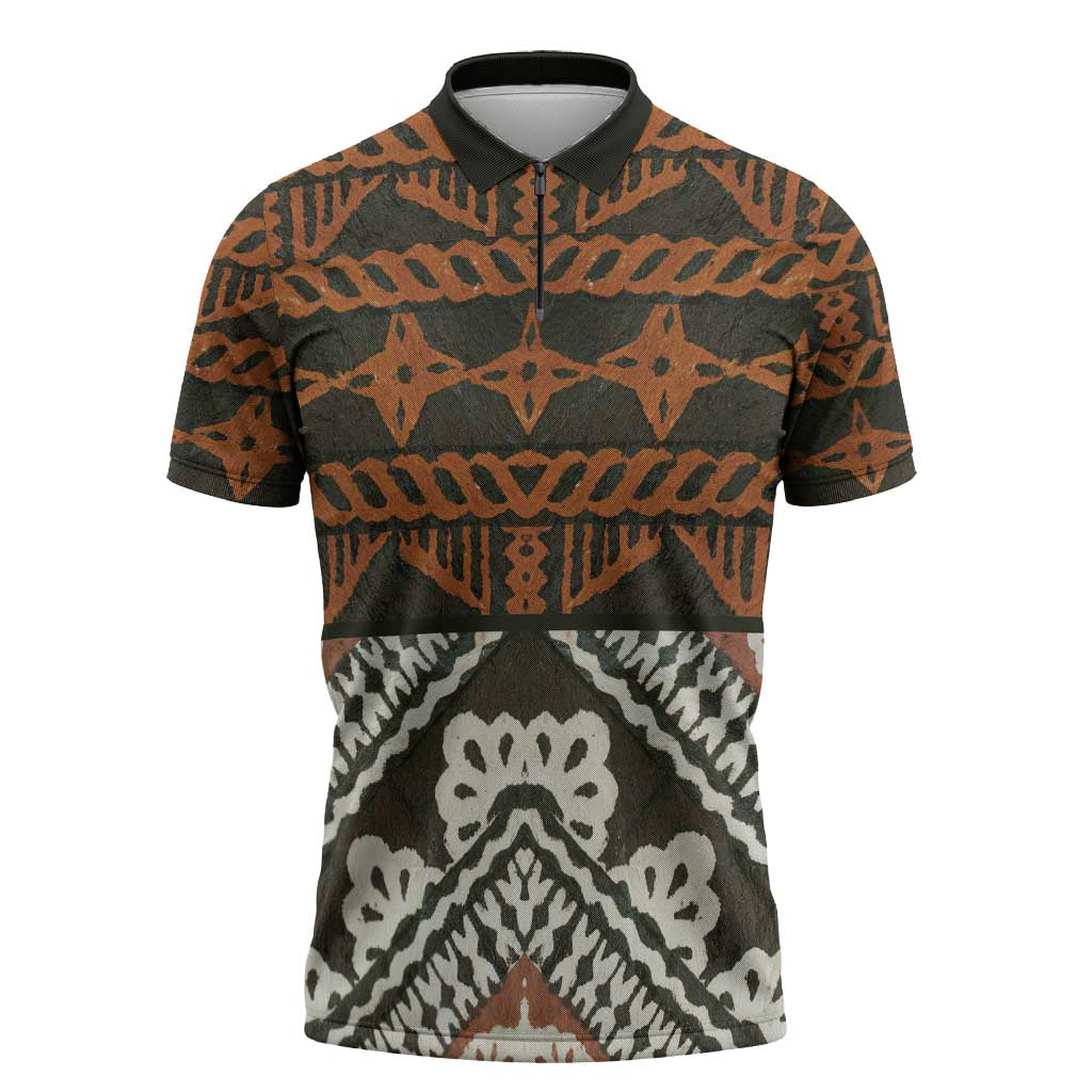 Bula Fiji Tapa Zipper Polo Shirt Fijian Masi Vintage Vibes LT14 Brown - Polynesian Pride