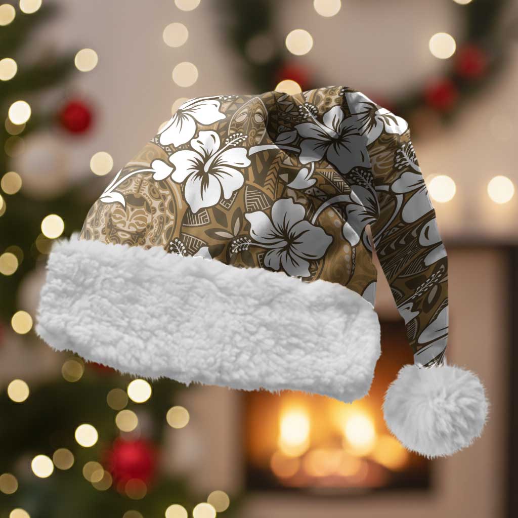 Kuvui Bula Fiji Christmas Santa Hat Fijian Tapa Seamless Hibiscus LT14 With Fur Brown - Polynesian Pride