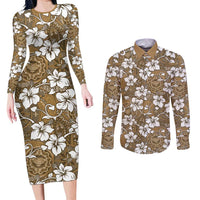 Kuvui Bula Fiji Couples Matching Long Sleeve Bodycon Dress and Long Sleeve Button Shirt Fijian Tapa Seamless Hibiscus LT14 Brown - Polynesian Pride