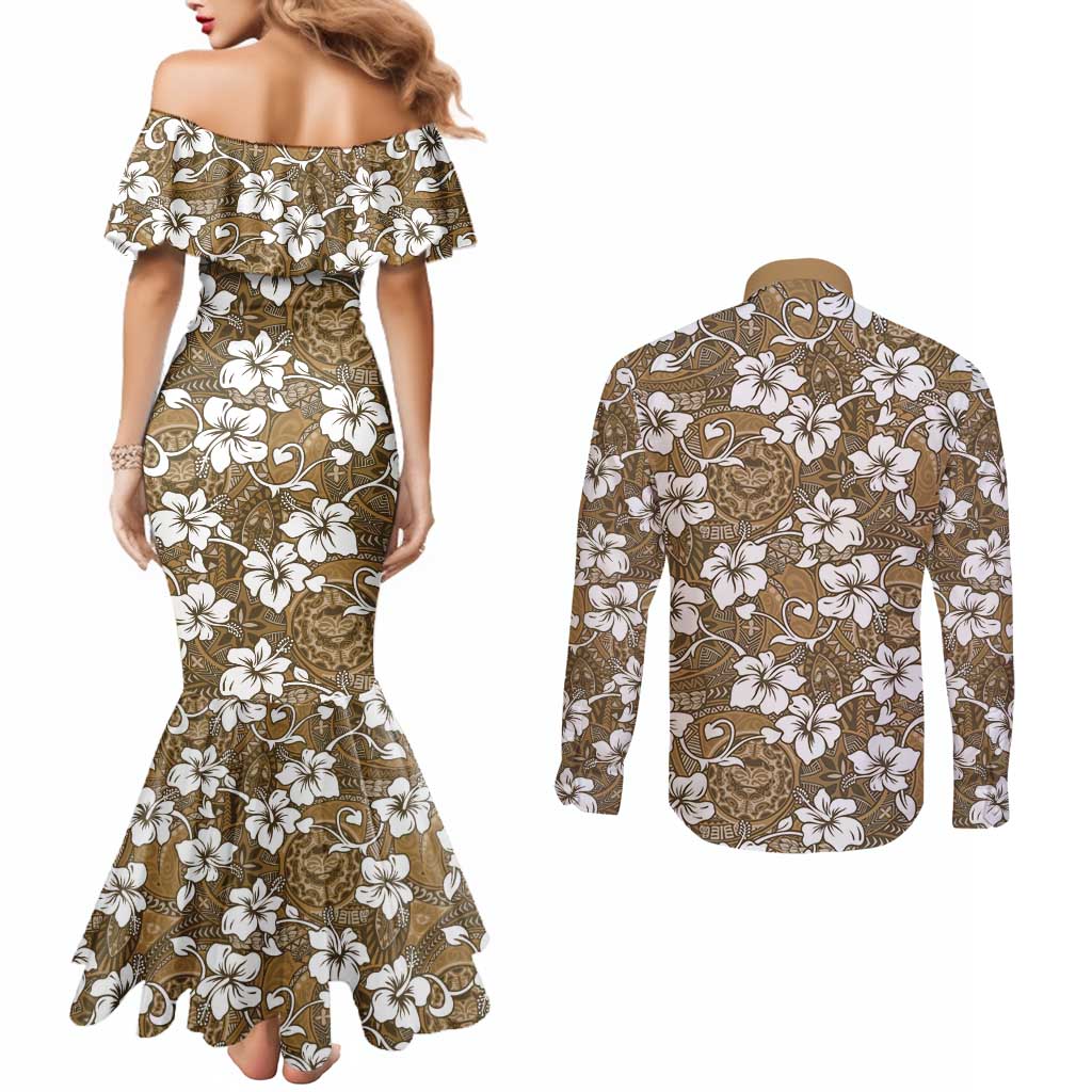 Kuvui Bula Fiji Couples Matching Mermaid Dress and Long Sleeve Button Shirt Fijian Tapa Seamless Hibiscus LT14 - Polynesian Pride