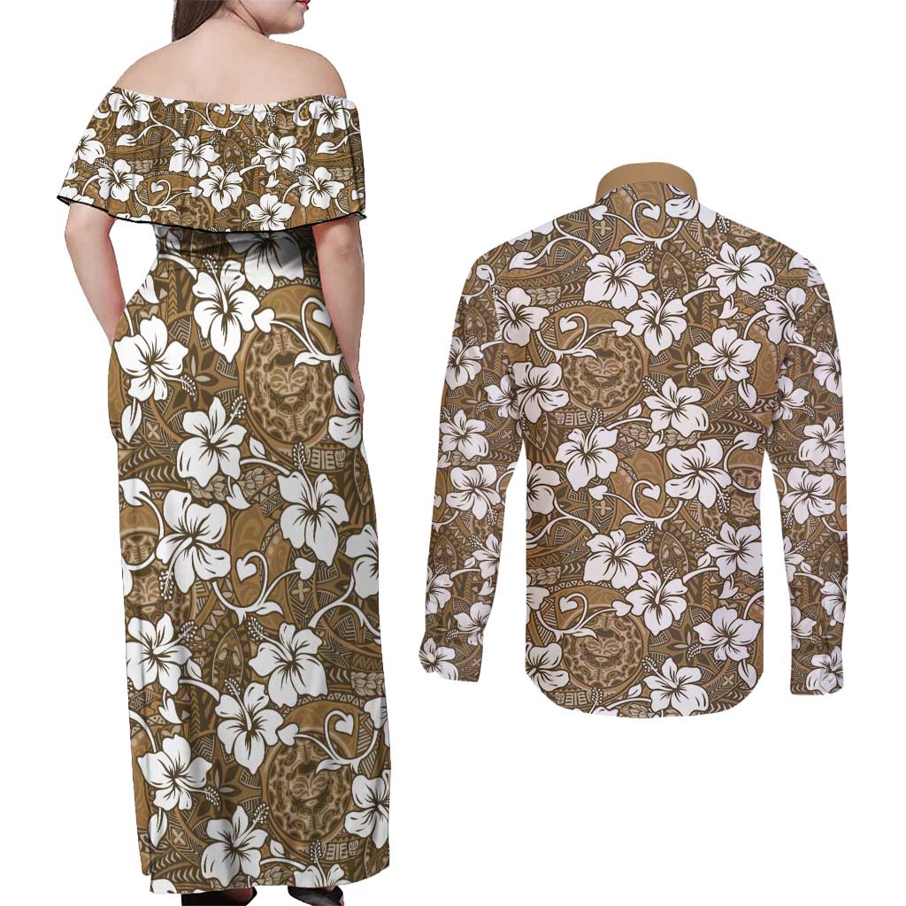 Kuvui Bula Fiji Couples Matching Off Shoulder Maxi Dress and Long Sleeve Button Shirt Fijian Tapa Seamless Hibiscus LT14 - Polynesian Pride
