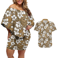 Kuvui Bula Fiji Couples Matching Off Shoulder Short Dress and Hawaiian Shirt Fijian Tapa Seamless Hibiscus LT14 Brown - Polynesian Pride