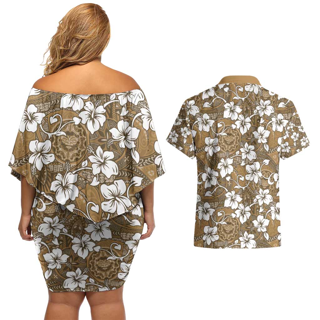 Kuvui Bula Fiji Couples Matching Off Shoulder Short Dress and Hawaiian Shirt Fijian Tapa Seamless Hibiscus LT14 - Polynesian Pride