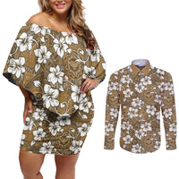 Kuvui Bula Fiji Couples Matching Off Shoulder Short Dress and Long Sleeve Button Shirt Fijian Tapa Seamless Hibiscus LT14 Brown - Polynesian Pride