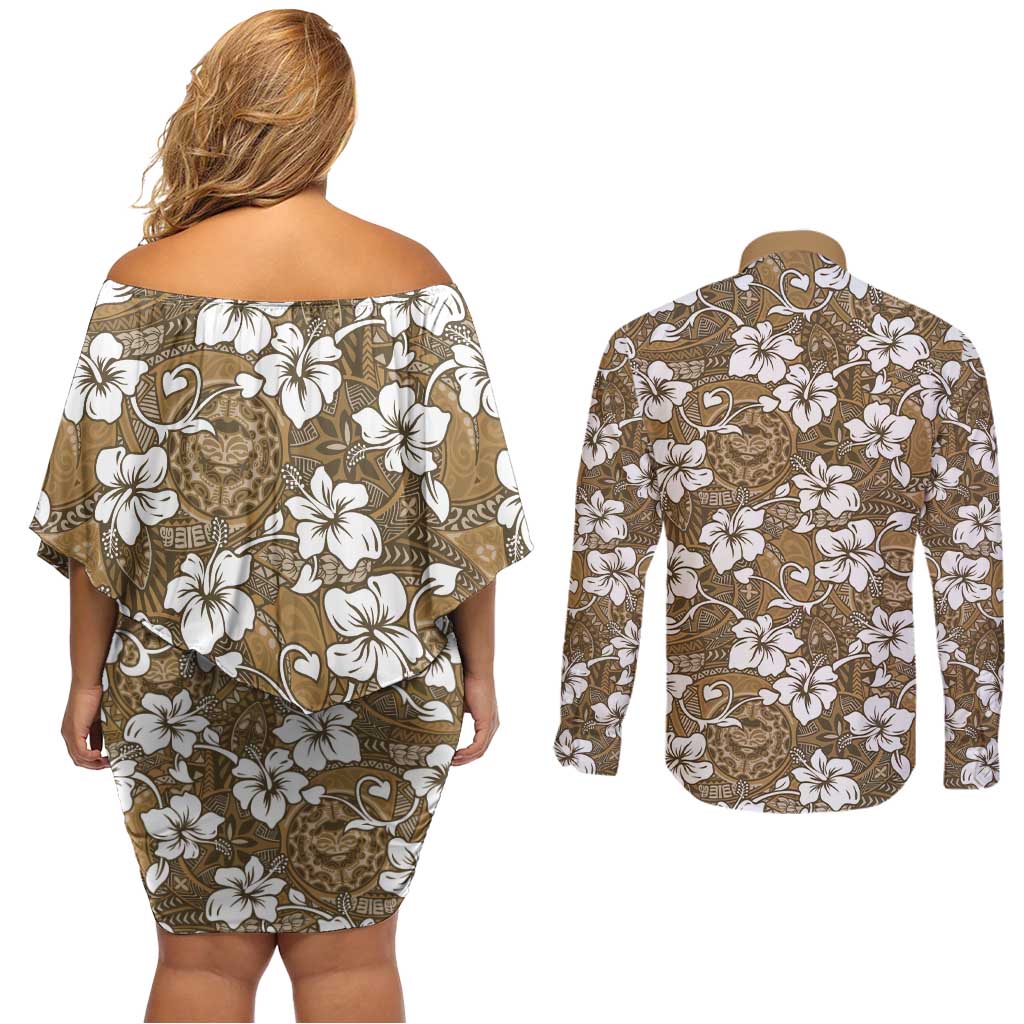 Kuvui Bula Fiji Couples Matching Off Shoulder Short Dress and Long Sleeve Button Shirt Fijian Tapa Seamless Hibiscus LT14 - Polynesian Pride