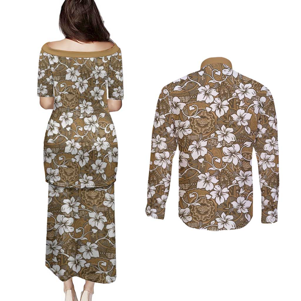 Kuvui Bula Fiji Couples Matching Puletasi and Long Sleeve Button Shirt Fijian Tapa Seamless Hibiscus LT14 - Polynesian Pride