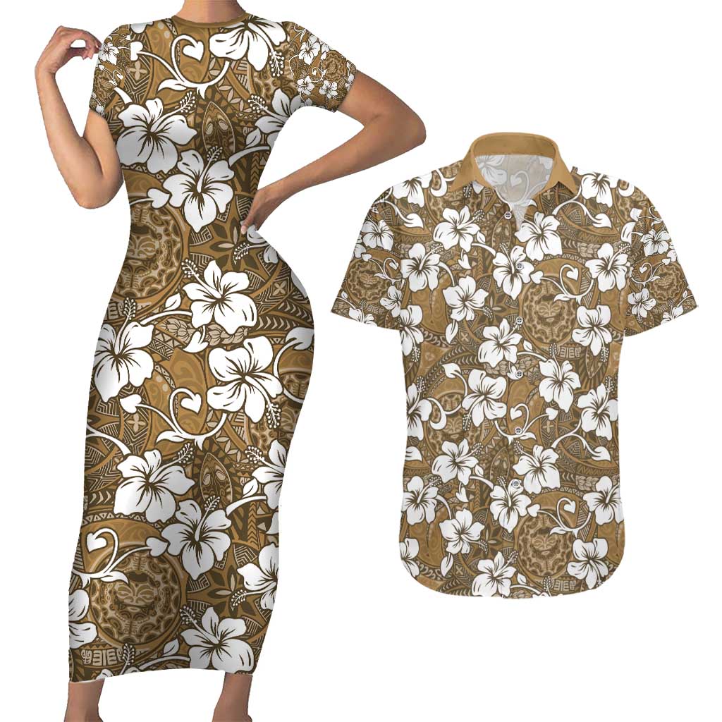 Kuvui Bula Fiji Couples Matching Short Sleeve Bodycon Dress and Hawaiian Shirt Fijian Tapa Seamless Hibiscus LT14 Brown - Polynesian Pride