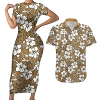 Kuvui Bula Fiji Couples Matching Short Sleeve Bodycon Dress and Hawaiian Shirt Fijian Tapa Seamless Hibiscus LT14 Brown - Polynesian Pride