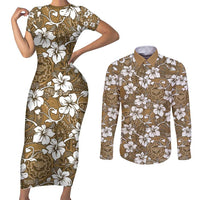 Kuvui Bula Fiji Couples Matching Short Sleeve Bodycon Dress and Long Sleeve Button Shirt Fijian Tapa Seamless Hibiscus LT14 Brown - Polynesian Pride
