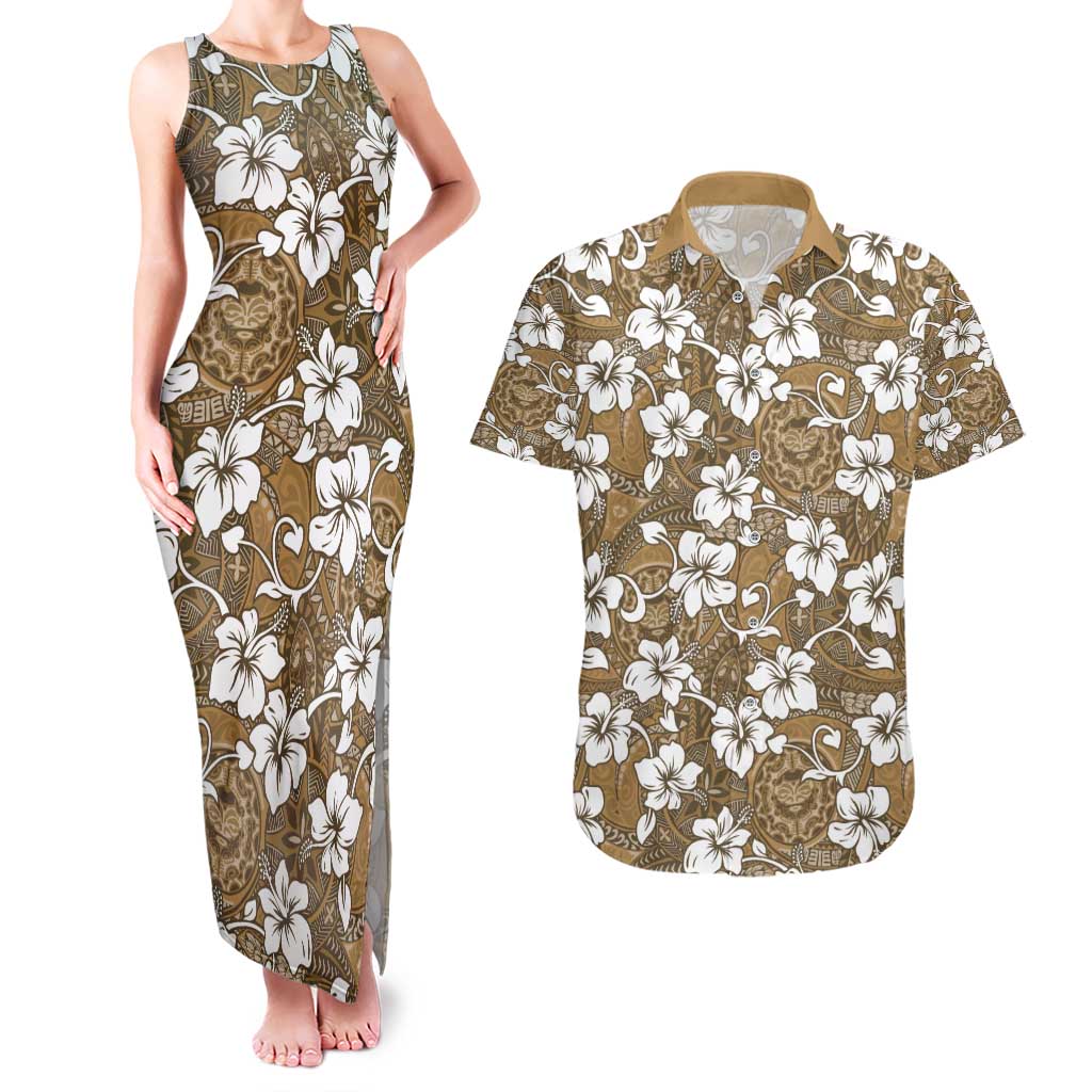 Kuvui Bula Fiji Couples Matching Tank Maxi Dress and Hawaiian Shirt Fijian Tapa Seamless Hibiscus LT14 Brown - Polynesian Pride