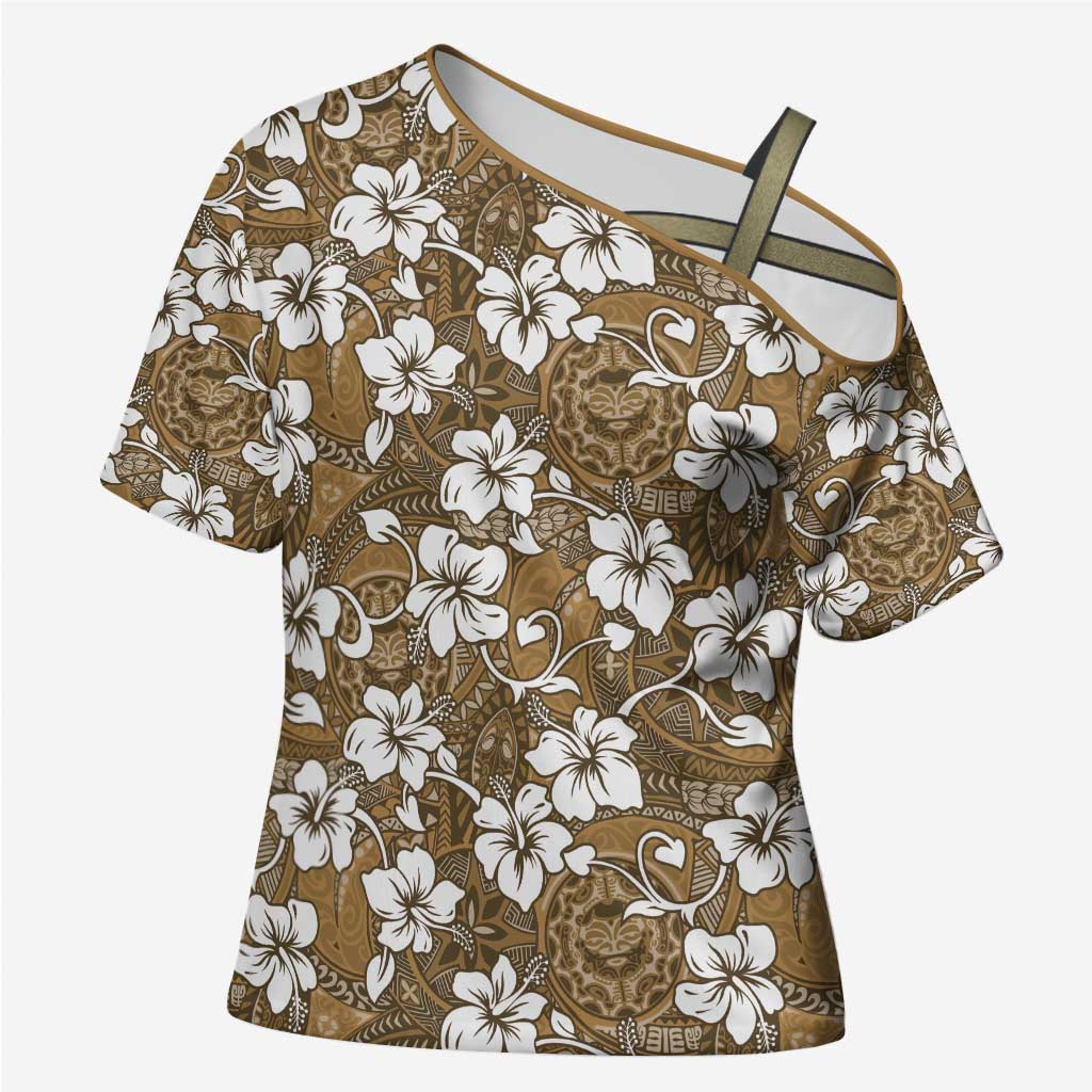 Kuvui Bula Fiji Cross Shoulder Shirt Fijian Tapa Seamless Hibiscus LT14 Female Brown - Polynesian Pride