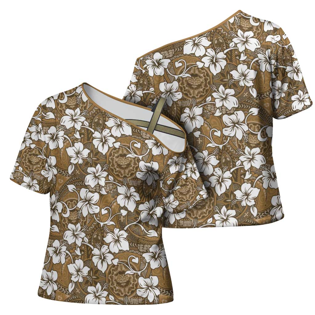 Kuvui Bula Fiji Cross Shoulder Shirt Fijian Tapa Seamless Hibiscus LT14 - Polynesian Pride