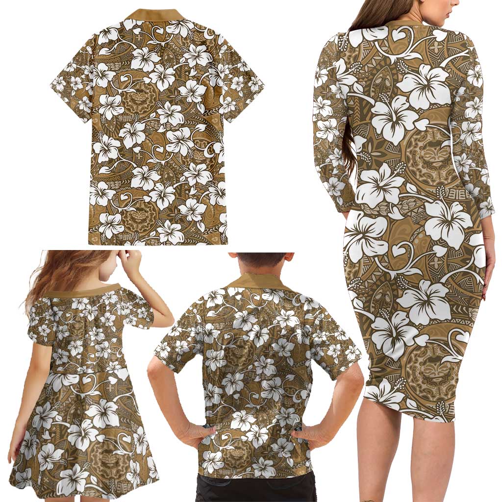 Kuvui Bula Fiji Family Matching Long Sleeve Bodycon Dress and Hawaiian Shirt Fijian Tapa Seamless Hibiscus LT14 - Polynesian Pride