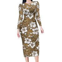 Kuvui Bula Fiji Family Matching Long Sleeve Bodycon Dress and Hawaiian Shirt Fijian Tapa Seamless Hibiscus LT14 Mom's Dress Brown - Polynesian Pride