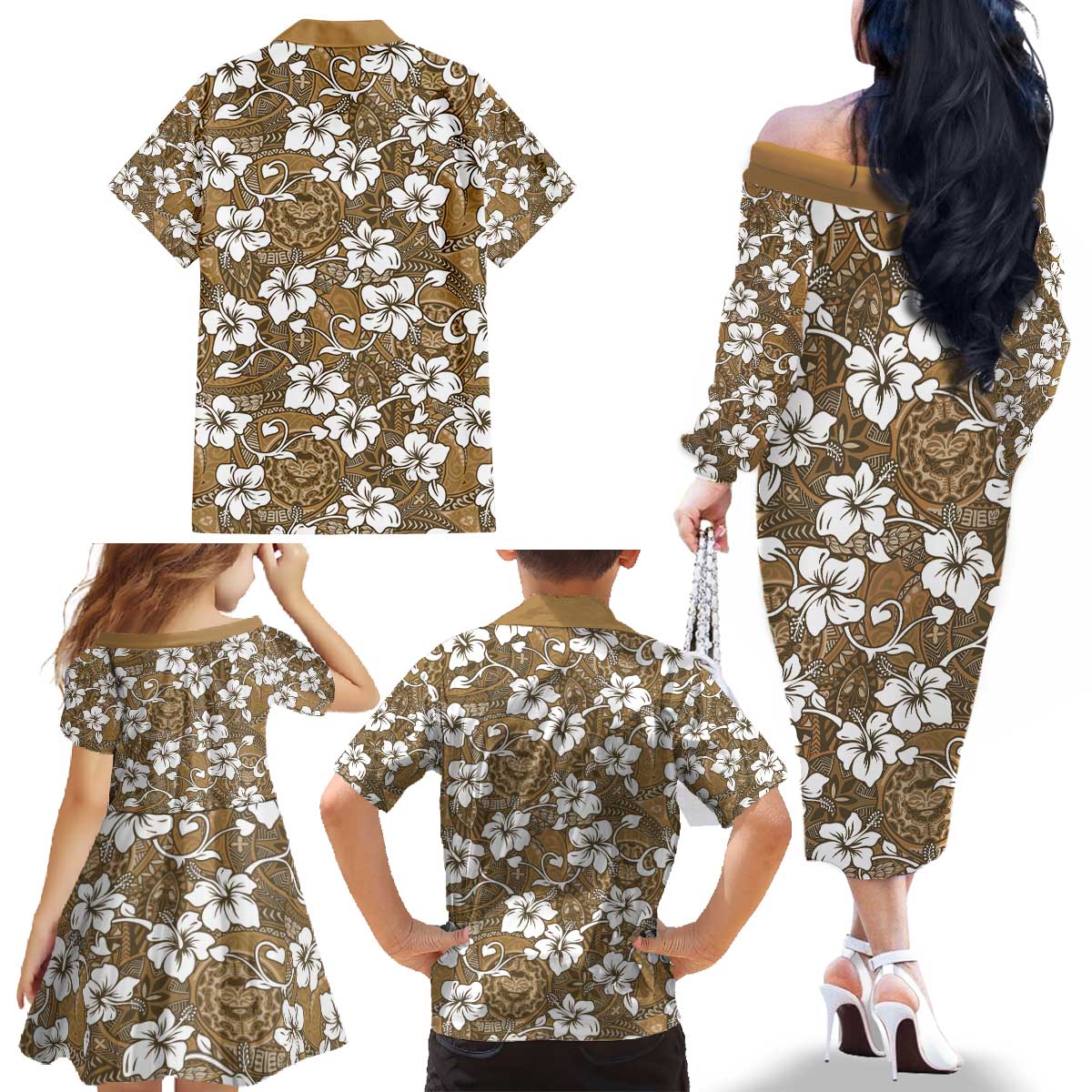 Kuvui Bula Fiji Family Matching Off The Shoulder Long Sleeve Dress and Hawaiian Shirt Fijian Tapa Seamless Hibiscus LT14 - Polynesian Pride