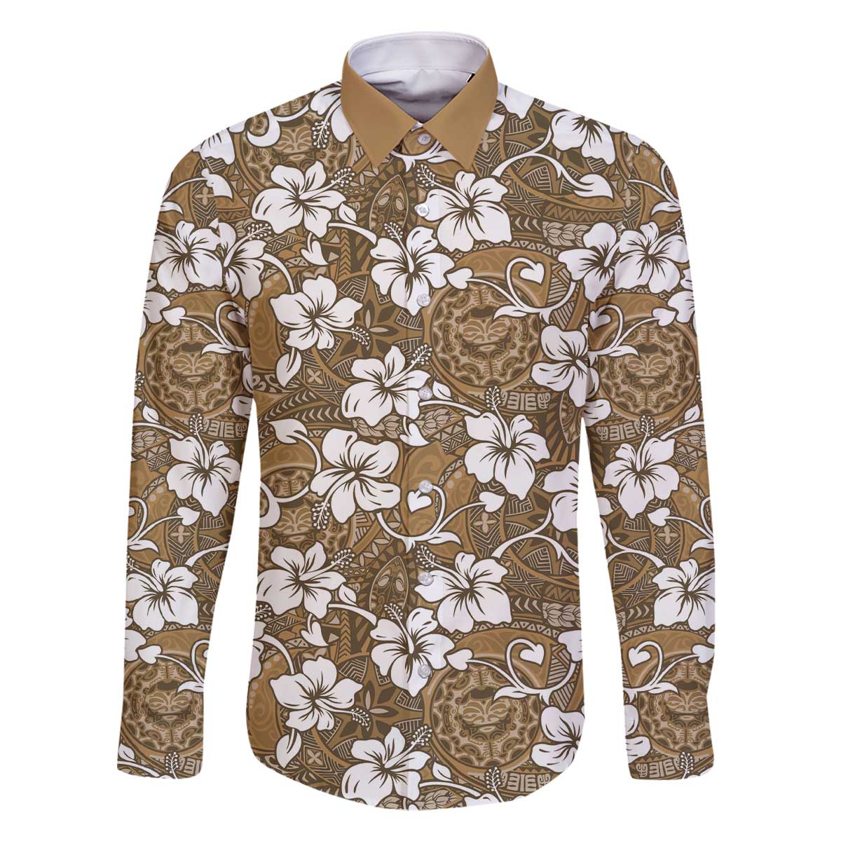 Kuvui Bula Fiji Family Matching Off The Shoulder Long Sleeve Dress and Hawaiian Shirt Fijian Tapa Seamless Hibiscus LT14 Dad's Shirt - Long Sleeve Brown - Polynesian Pride