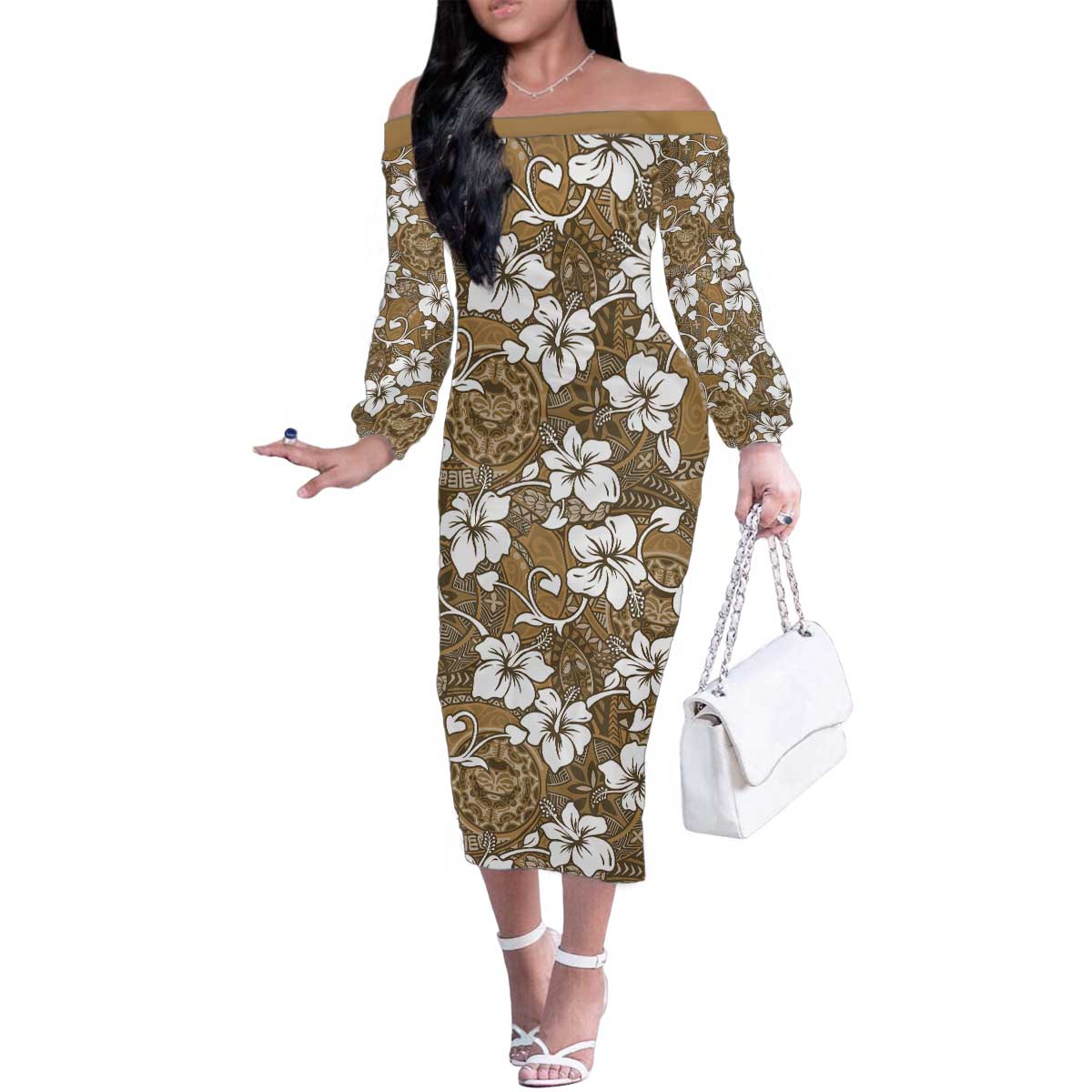 Kuvui Bula Fiji Family Matching Off The Shoulder Long Sleeve Dress and Hawaiian Shirt Fijian Tapa Seamless Hibiscus LT14 Mom's Dress Brown - Polynesian Pride