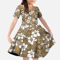 Kuvui Bula Fiji Family Matching Off Shoulder Maxi Dress and Hawaiian Shirt Fijian Tapa Seamless Hibiscus LT14 Daughter's Dress Brown - Polynesian Pride