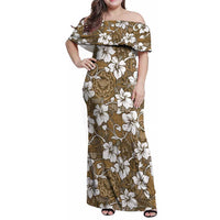 Kuvui Bula Fiji Family Matching Off Shoulder Maxi Dress and Hawaiian Shirt Fijian Tapa Seamless Hibiscus LT14 Mom's Dress Brown - Polynesian Pride