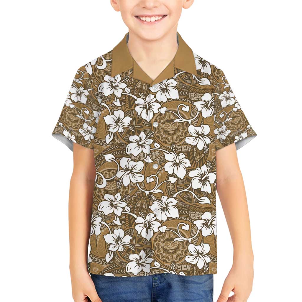 Kuvui Bula Fiji Family Matching Off Shoulder Maxi Dress and Hawaiian Shirt Fijian Tapa Seamless Hibiscus LT14 Son's Shirt Brown - Polynesian Pride
