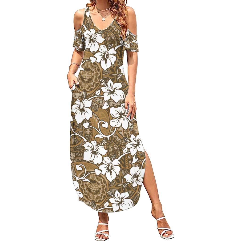 Kuvui Bula Fiji Family Matching Summer Maxi Dress and Hawaiian Shirt Fijian Tapa Seamless Hibiscus LT14 Mom's Dress Brown - Polynesian Pride