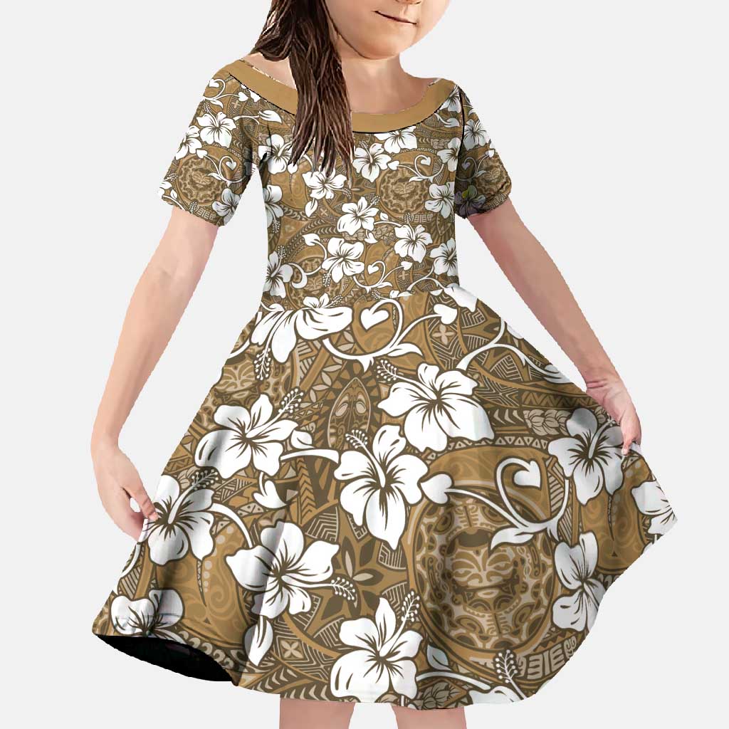 Kuvui Bula Fiji Family Matching Tank Maxi Dress and Hawaiian Shirt Fijian Tapa Seamless Hibiscus LT14 Daughter's Dress Brown - Polynesian Pride